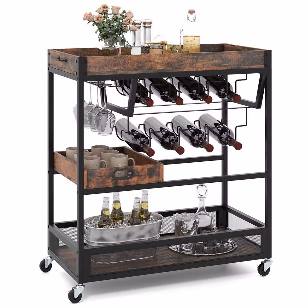VOGREX Brown 3-Tier Industrial Metal and Glass Rolling Bar Cart and Kitchen Trolley with Wine Rack – 3