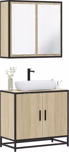 Berkfield Home 2 Piece Industrial Bathroom Furniture Set in Sonoma Oak and Brown, featuring a Vanity Unit and Mirror Cabinet