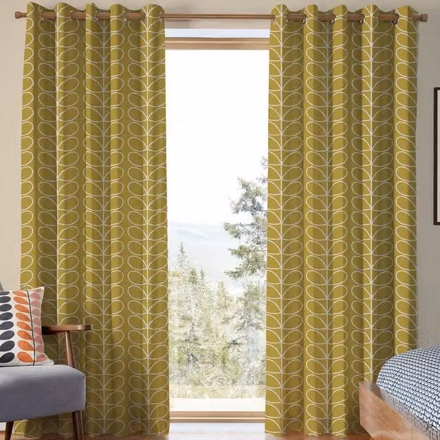 Orla Kiely Made to Measure Jumbo Linear Stem Blackout Cotton Eyelet Curtains in Seagrass and Yellow