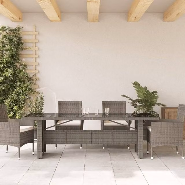 Berkfield Home Grey Poly Rattan Extendable Garden Table with Glass Top, W: 240 cm, D: 90 cm, H: 75 cm