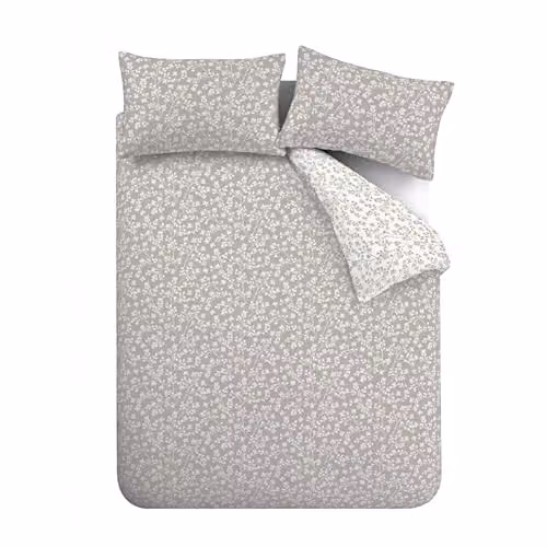 Catherine Lansfield Grace Floral Leaf Reversible Single Duvet Cover and Pillowcase Set, Grey, Cotton Flannelette, W/D/H: 135 x 200 cm, Pillowcase: 50 x 75 cm – 2