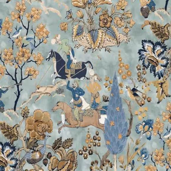Edinburgh Weavers Perdita Fabric in Duck Egg Blue and Brown