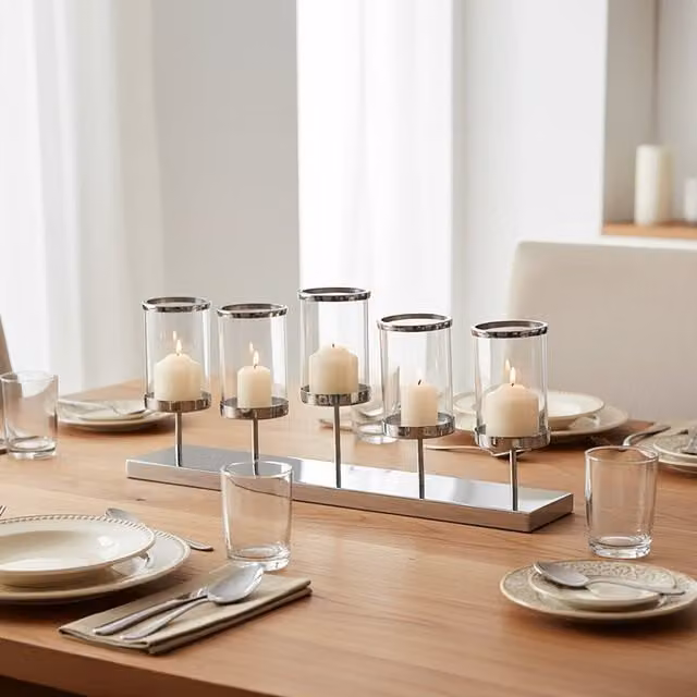 Orsina Modern Silver Metal and Glass Votive Candle Holder, W/D/H: 27.0 x 11.0 x 11.0 cm