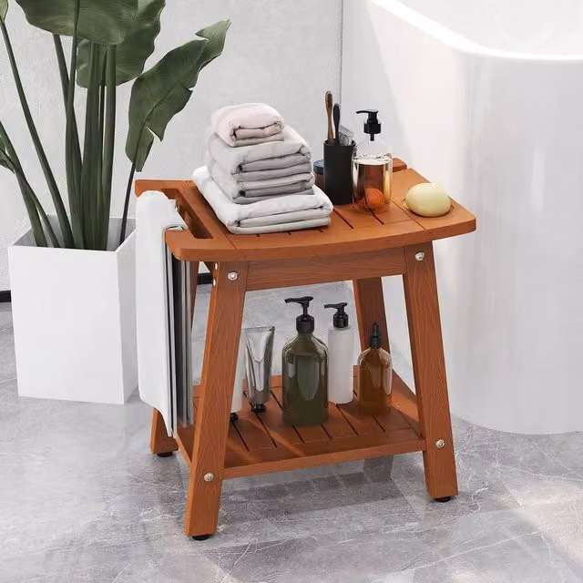 KORVIXA Brown Bamboo and Plastic Shower Bench Seat for Adults – 1