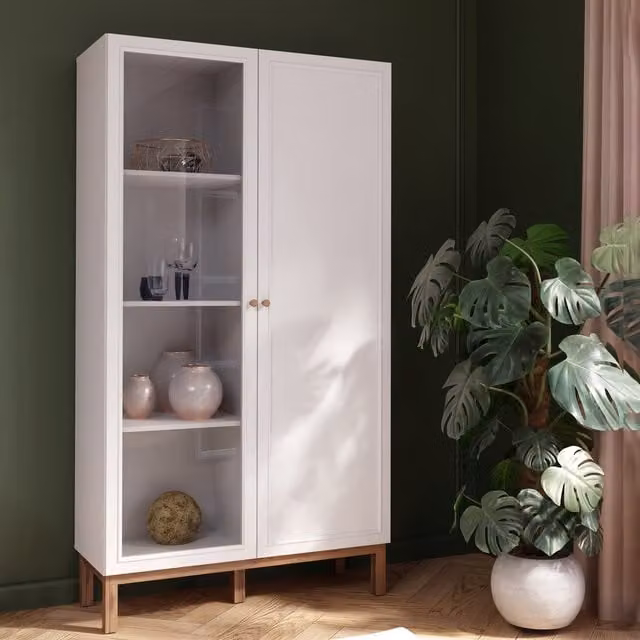 Furniture To Go Wensley Modern Display Cabinet with Glass Doors in Light Grey and Oak
