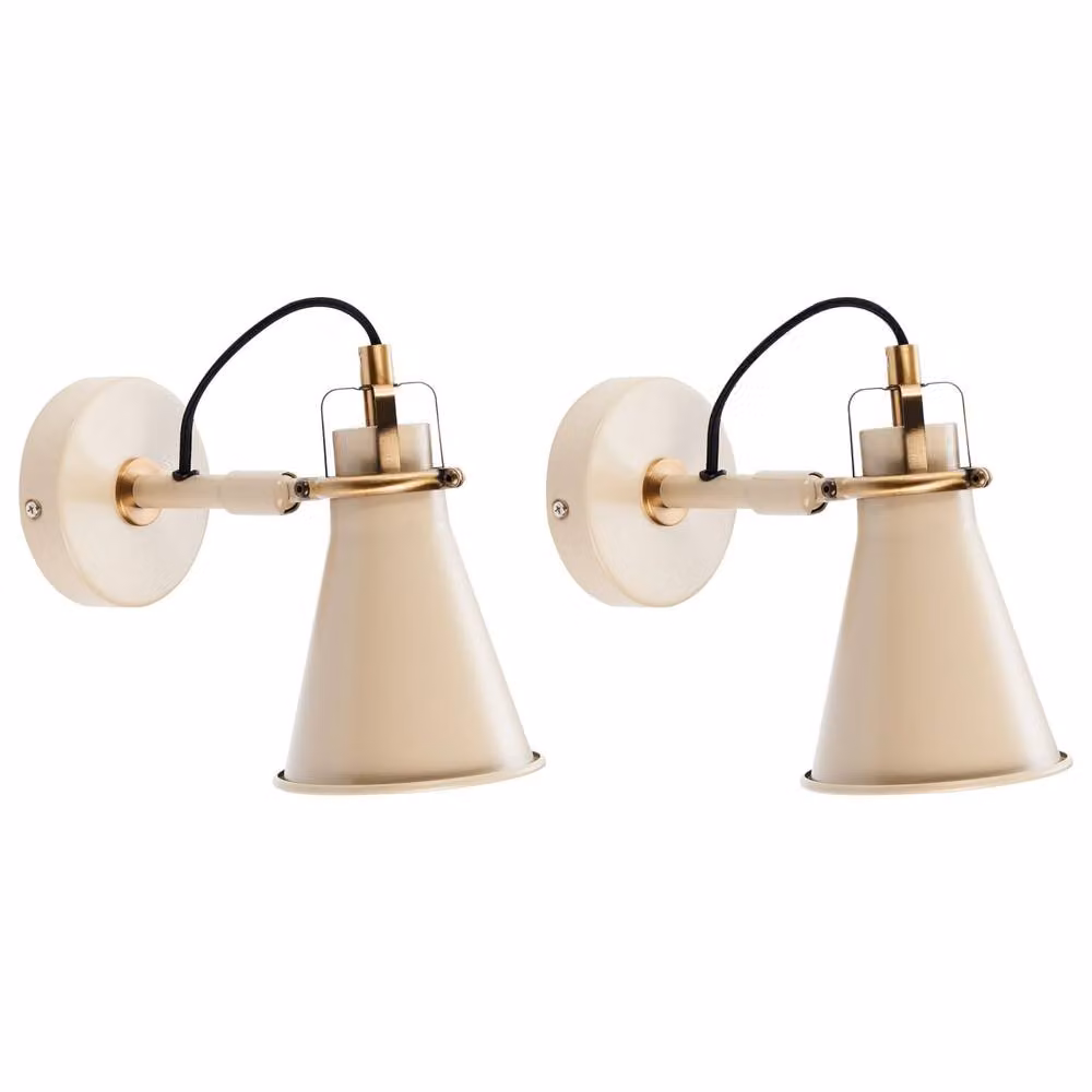 Wyld and Coco Set of 2 Beige Industrial Metal Wall Lamps with Adjustable Cone Shades – 2