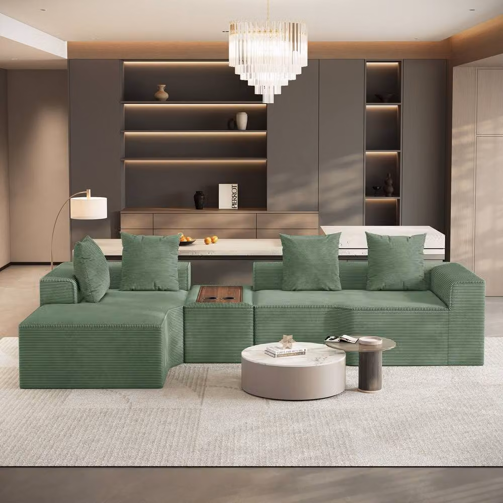 Dprodo Green Corduroy L-Shaped Modular Sofa with Cup Holder Table and Scatter Cushions, Width: 320 cm – 2