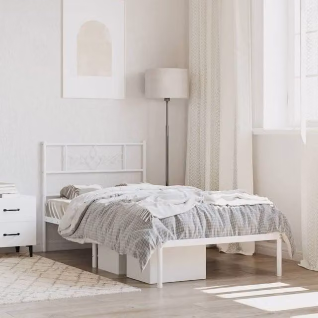 Berkfield Home Metal Bed Frame with Headboard in White, W/D/H: 100 x 200 cm – 1