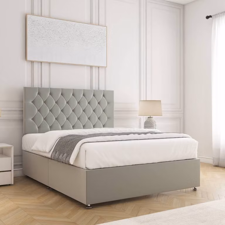 BSSPOKE Mia Super King Plush Velvet Divan Bed Set with 24 inch Headboard and Mattress in Silver
