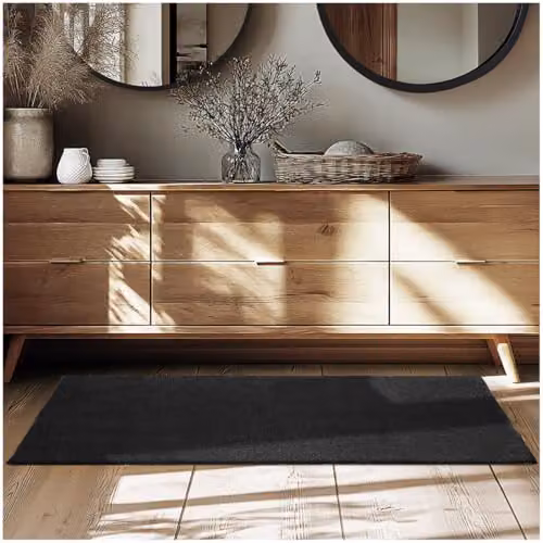 tectake Fluffy Short-Pile Rug in Black, Allergy-Friendly, Washable and Non-Slip, W: 80 cm, D: 150 cm