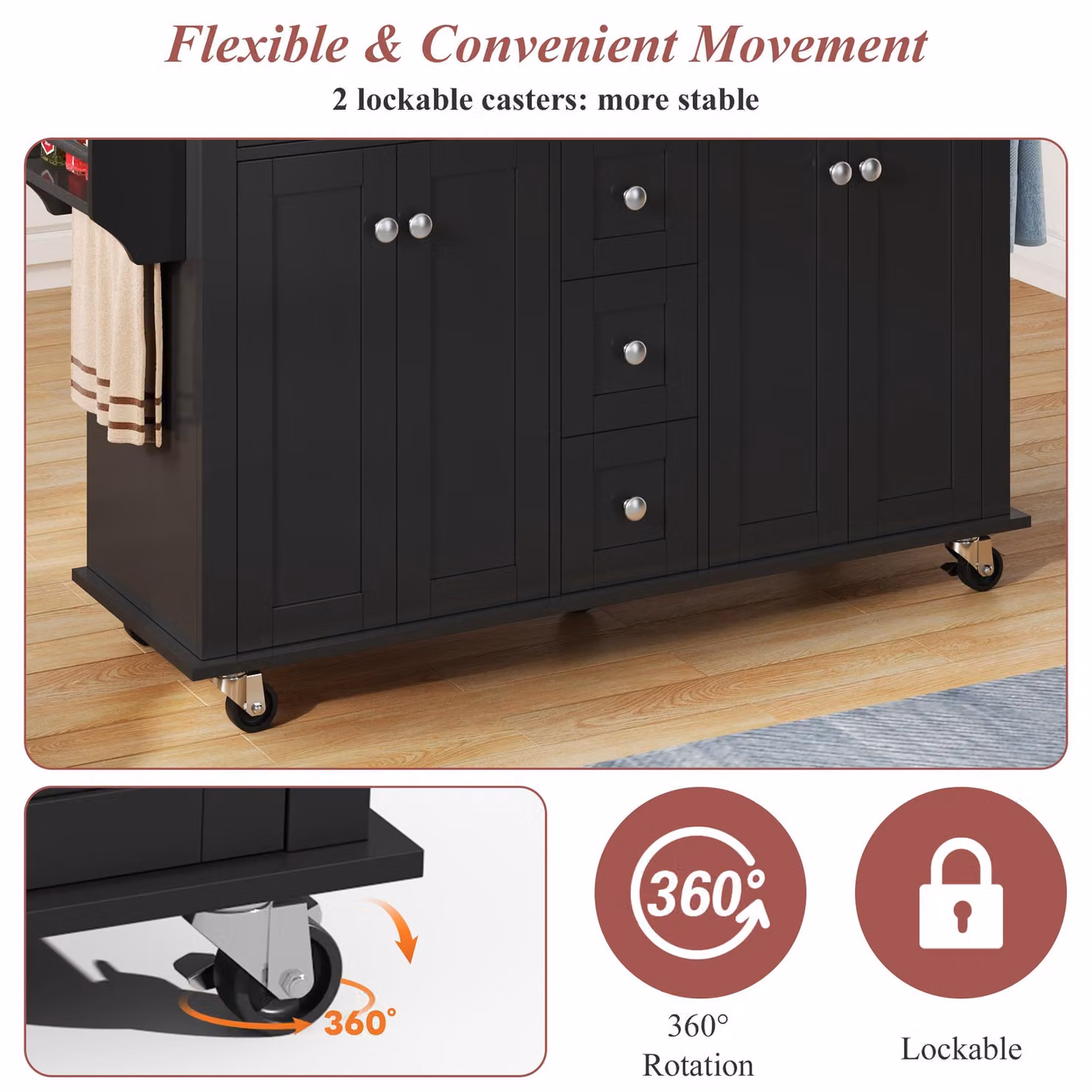 Aosom UK Versatile Kitchen Trolley with Extendable Worktop and 5 Drawers in Black and Natural, W: 65 cm, D: 65 cm, H: 89 cm – 7
