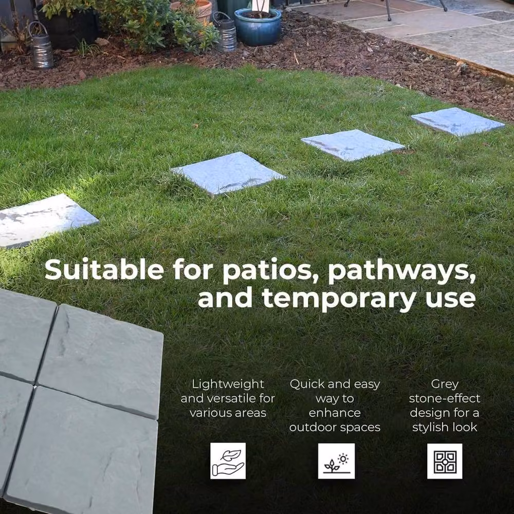 FLAVORA 4-Pack Durable Plastic Garden Stepping Stone Stomp Tiles in Grey, Width: 52 cm – 3