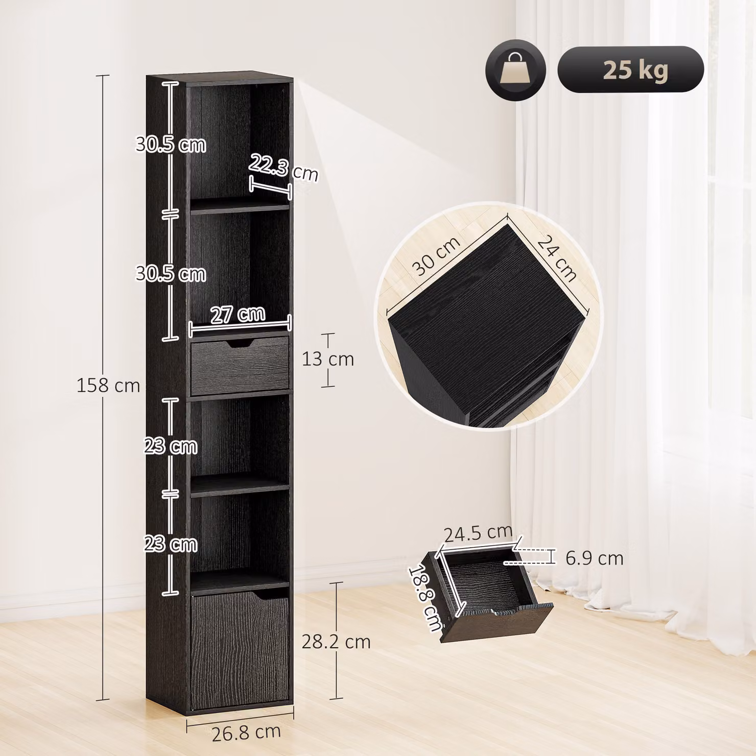 HOMCOM 6-Tier Tall Narrow Black Bookcase with Drawer and Door – 3
