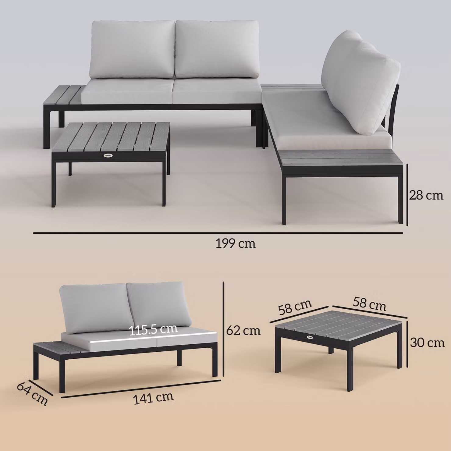 Outsunny Four-Piece L-Shape Garden Corner Sofa Set with 2 Loveseats and 2 Coffee Tables in Grey – 3