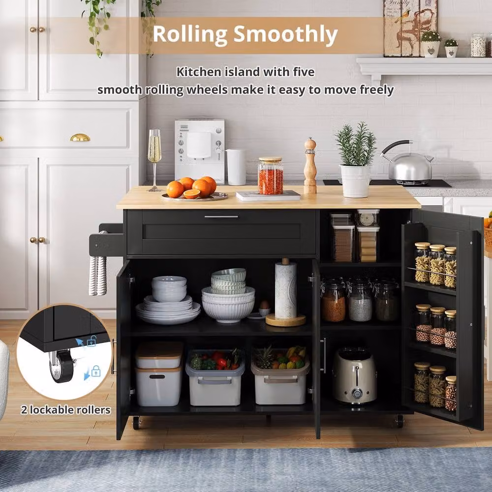 BTM Kitchen Island on Wheels with Spice Rack and Towel Holder in Black and Silver, H 90.0 x W 44.0 x D 44.0 cm – 6