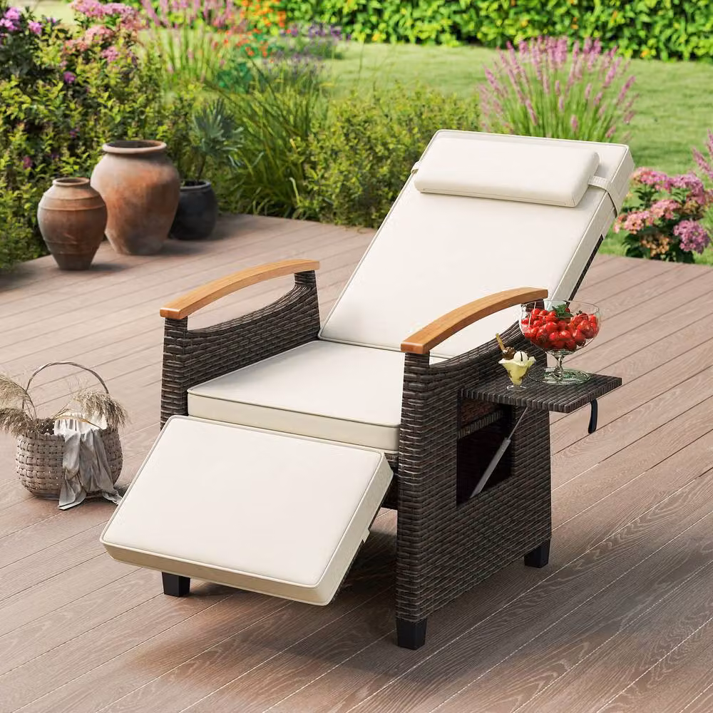 Gymax Brown Polyrattan Outdoor Reclining Lounge Chair with Footrest, Adjustable Headrest and Side Tray – 5