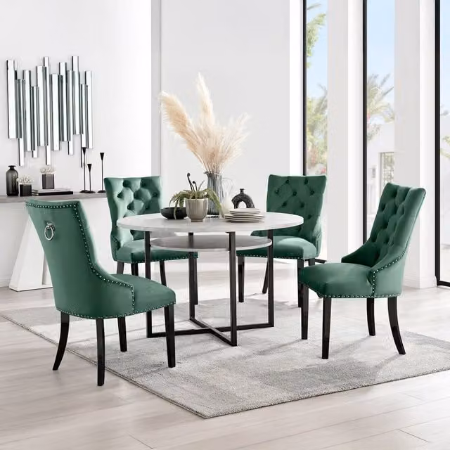 Furniturebox Adley Round Grey Concrete Effect Dining Table and 4 Green Velvet Belgravia Chairs with Black Metal X-Frame Legs