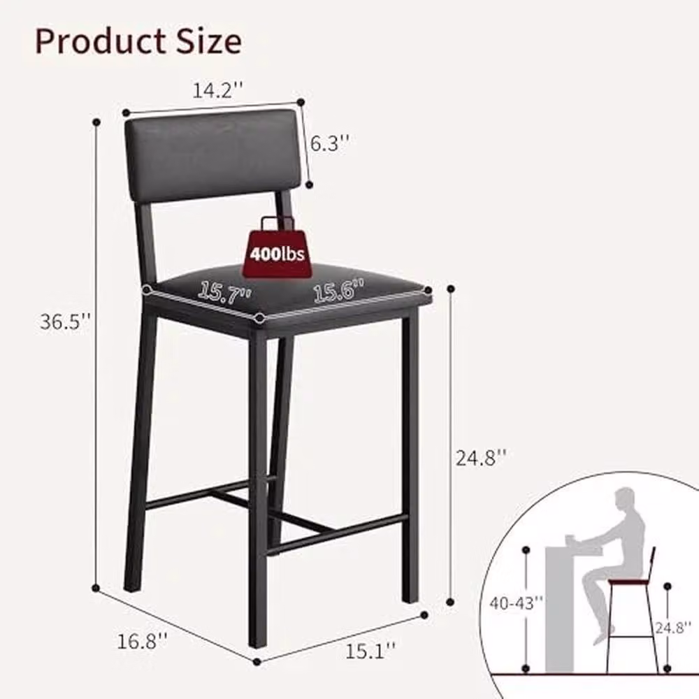 KORVIXA Set of 2 Modern Black Kitchen Bar Stools with Synthetic Leather Cushions – 2