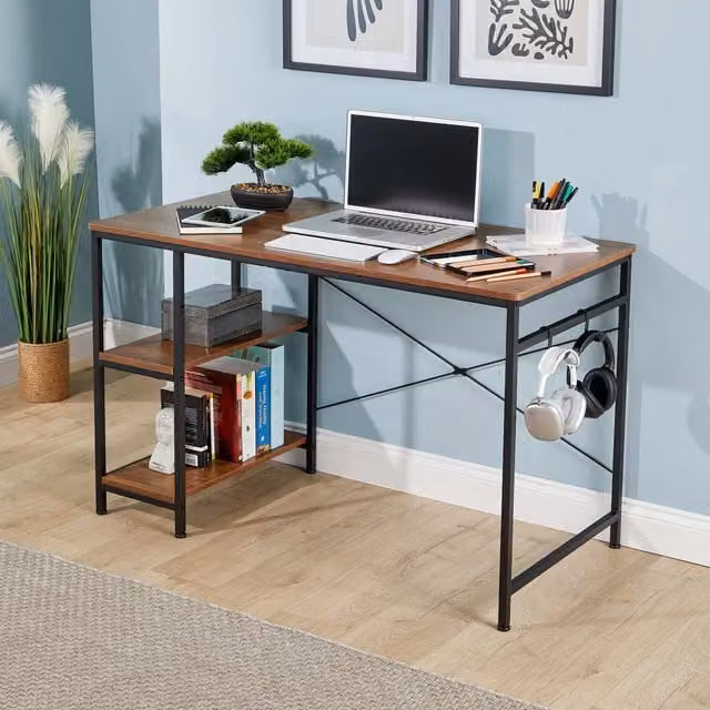 Home Source Stanton Computer Desk with Adjustable Shelves and Storage Hook in Dark Oak Effect Brown and Black