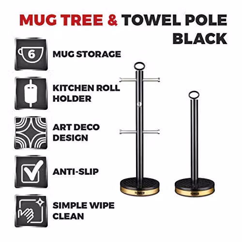Tower Empire Freestanding Mug Tree and Towel Pole Set in Black and Bronze, Stainless Steel with Anti-Slip Base, H 40.5 cm x W 13.5 cm x D 13.5 cm – 2