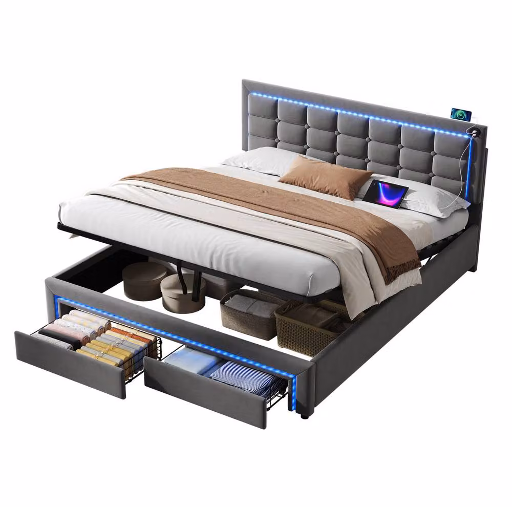 STILVORA Grey Upholstered Double Ottoman Bed Frame with Under-Bed LED Lighting and USB Charging Port, W/D/H: 140 x 200 x 137 cm – 5