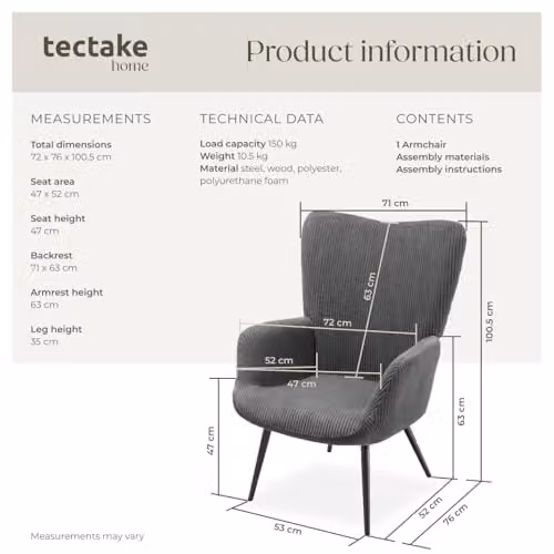 tectake Hygge Corduroy Armchair in Scandinavian Style with Foam Padding and Metal Frame, Anthracite/Black/Grey – 3