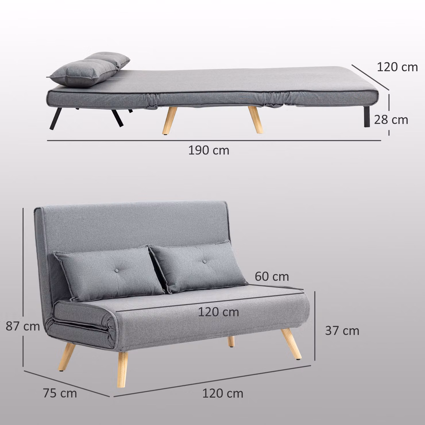 HOMCOM Two-Seater Grey Linen-Look Sofa Bed with Metal Frame and Scatter Cushions, W/D/H: 120 x 87 x 140 cm – 3