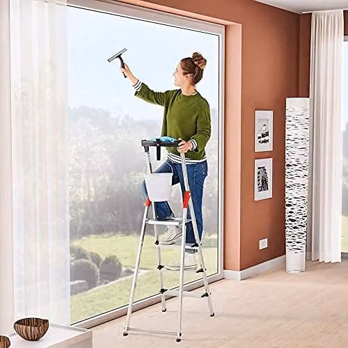 Hailo 8040-407 XXL 4-Step Aluminium Safety Ladder in Silver with Multifunction Tray and Rubber Feet – 3