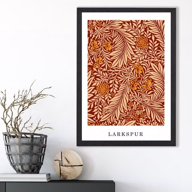 ARTZE Vintage William Morris Larkspur Floral Art Print in Orange and Beige with Black Frame