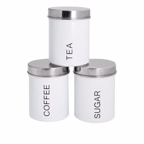 Harbour Housewares 3-Piece Metal Tea Coffee Sugar Canister Set in White with Airtight Lids