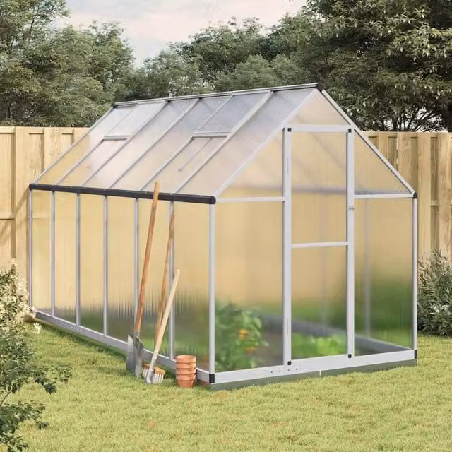 Berkfield Home Silver Aluminium Greenhouse with Polycarbonate Panels and Base Frame, W/D/H: 334 x 169 x 202 cm – 1
