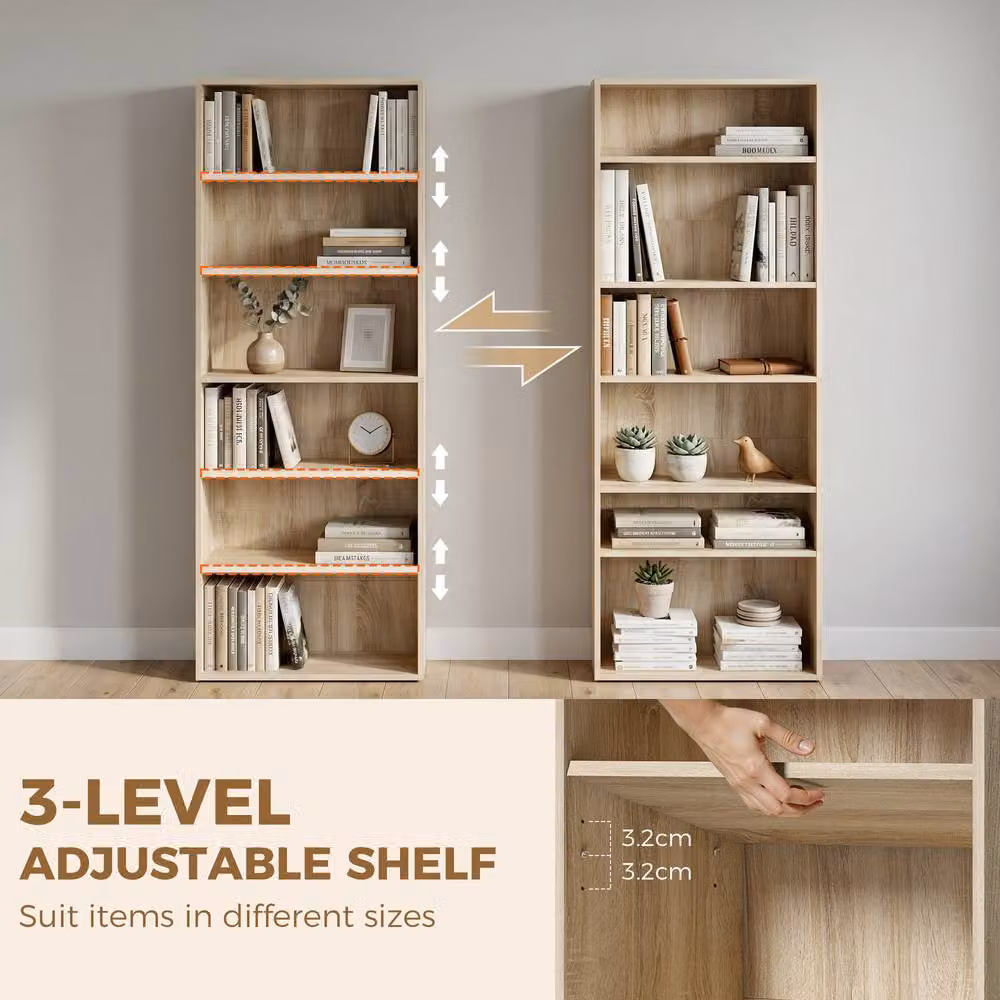 HOMCOM 6 Tier Freestanding Bookshelf with Adjustable Shelves in Natural Oak – 4