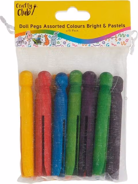 Crafty Club Pack of 12 Multicolour Wooden Doll Pegs