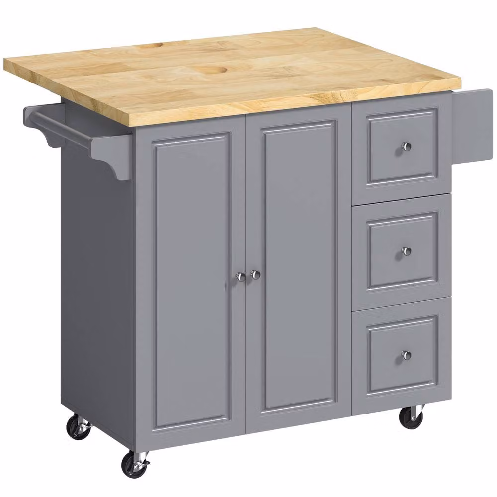Wyld Haus Grey Rolling Kitchen Island with Rubberwood Top, Drop Leaf and Drawers, W/D/H: 111.5 x 89.0 x 45.0 cm – 2