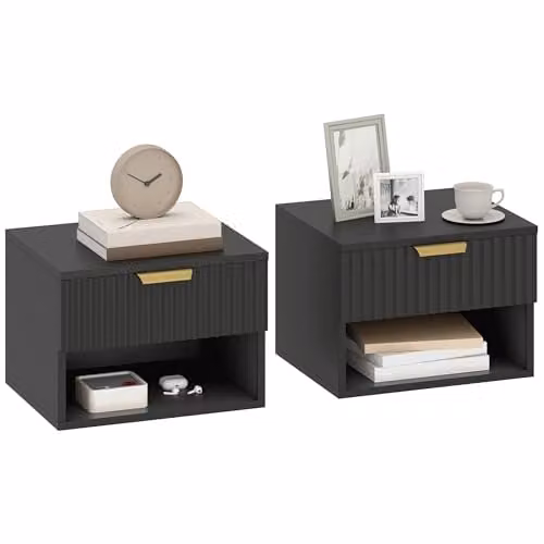 HOMCOM Set of 2 Wall Mounted Floating Nightstands with Soft Close Drawers, Black and Gold – 1