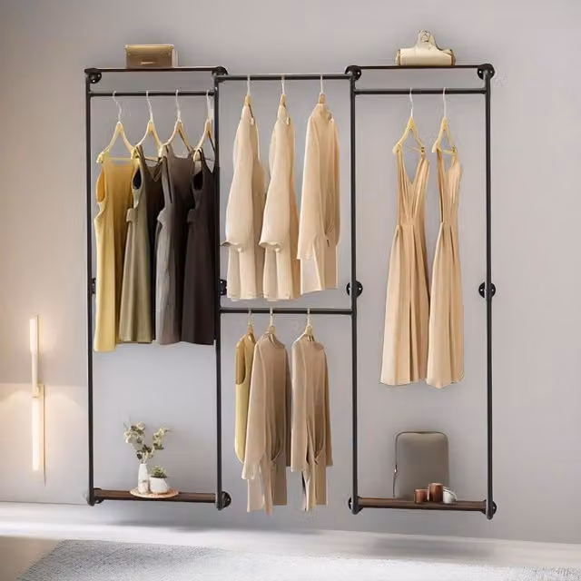 FURNOS Heavy Duty Wall-Mounted Metal Clothes Rail Open Wardrobe in Matt Black, H 185 cm x W 200 cm