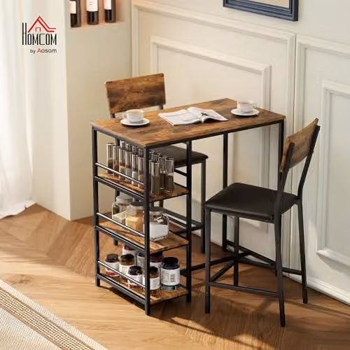 HOMCOM 3 Piece Industrial Breakfast Bar Table Set with Storage and Padded Seats in Rustic Brown – 2