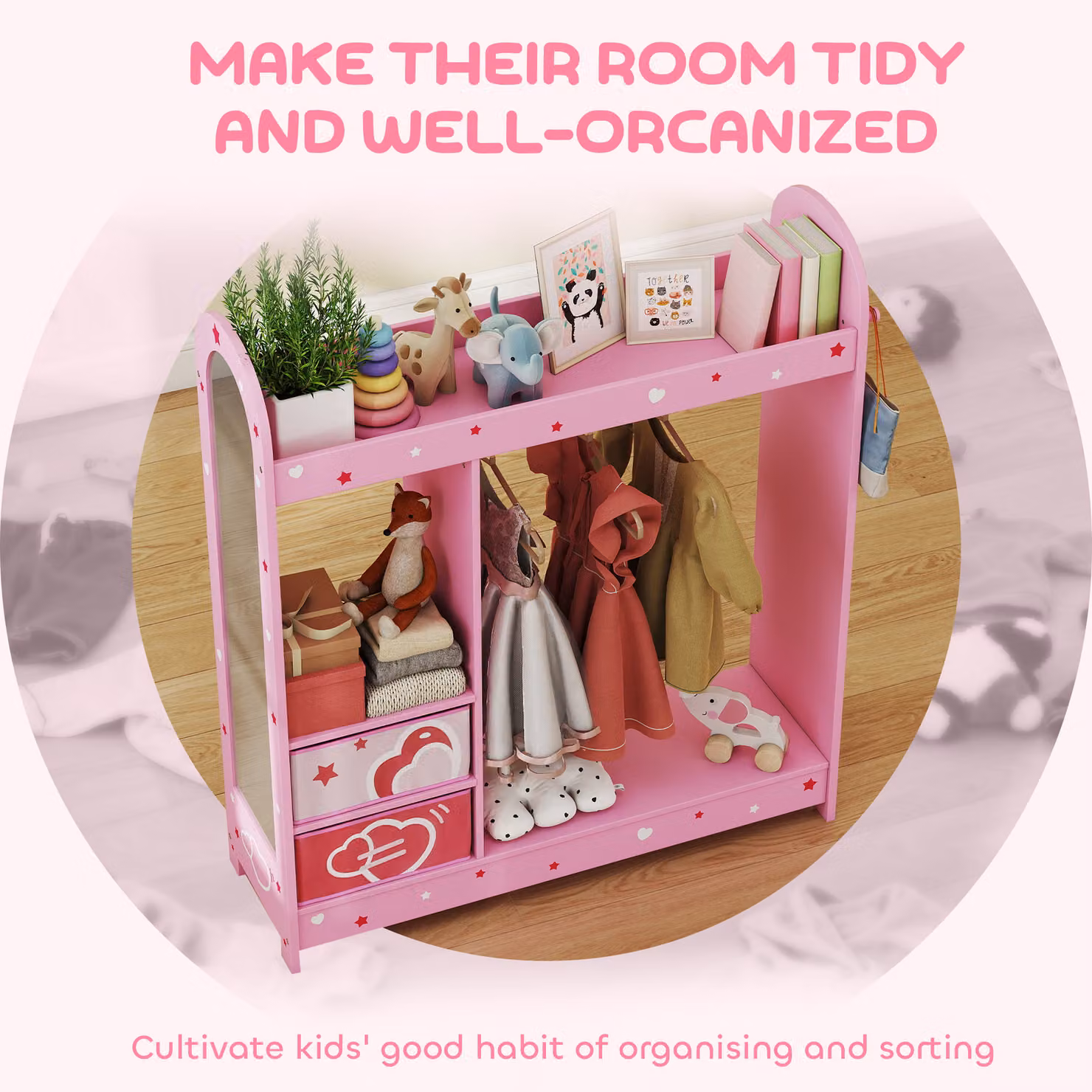 AIYAPLAY Kids Clothes Rail and Wardrobe with Mirror, Shelves, Fabric Storage and Hooks, Pink – 2