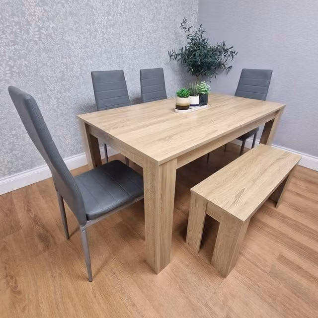 KOSY KOALA Modern Oak Effect Dining Set with 4 Grey Faux Leather Chairs and Bench, W/D/H: 140 x 80 x 75 cm