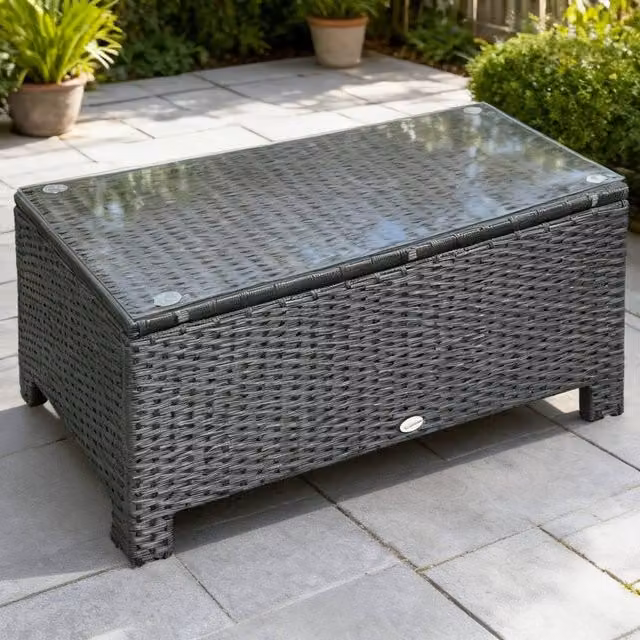 ERGOVEXA Black PE Rattan Coffee Table with Metal and Glass Details
