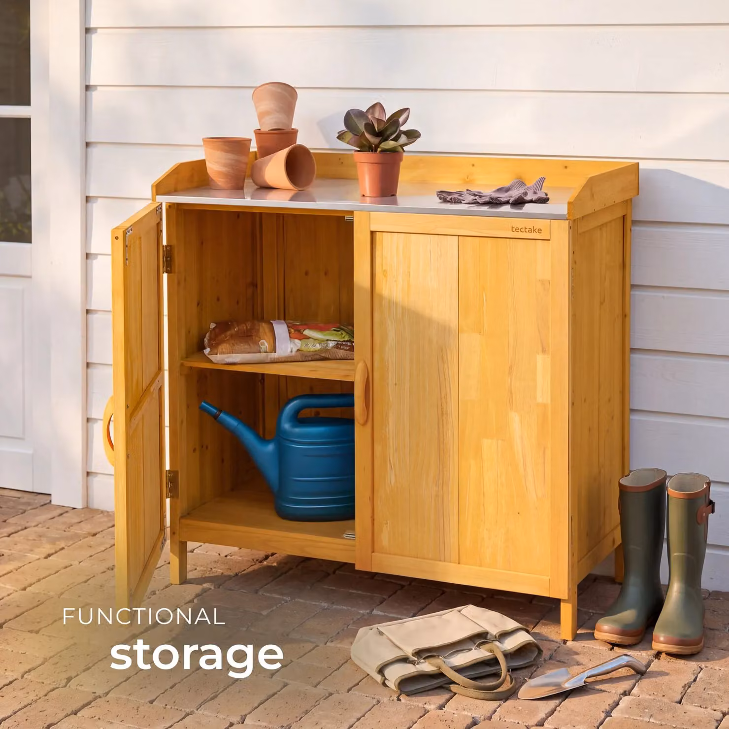 tectake Vita Freestanding Gardening Cabinet in Brown with Internal Shelves and Hinged Doors – 3