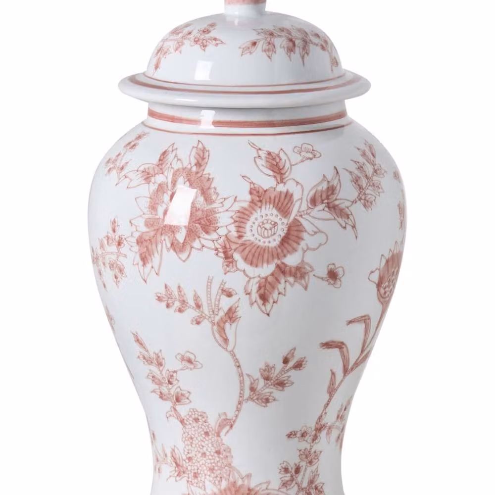Wyld and Coco White and Red Porcelain Flower Vase with Lid, Round Antique Floral Ginger Jar Style – 2