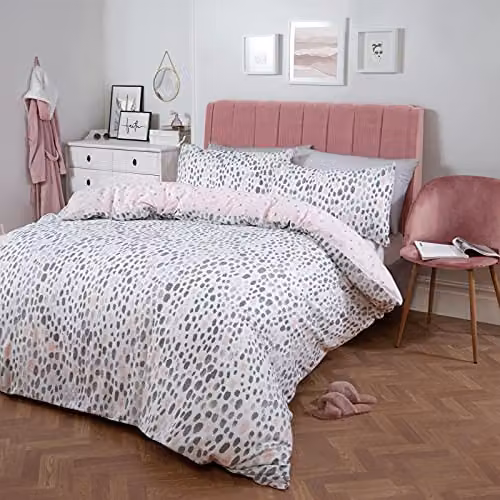 Dreamscene Dalmatian Print Duvet Cover and Pillowcase Set, Pink, White and Grey, W/H: 200 x 200 cm, Pillowcase: 50 x 75 cm – 1