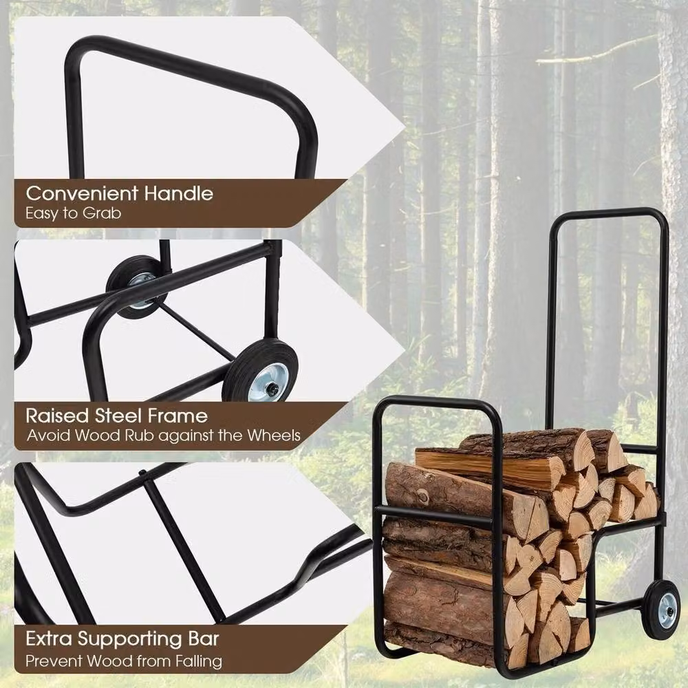 SPETLEK Black Rolling Firewood Cart and Log Carrier Holder – 8