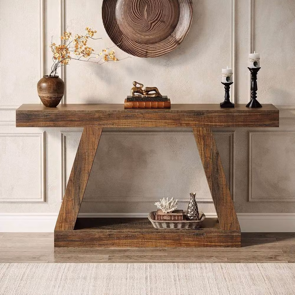 VOGREX 55-Inch Rustic Wood Farmhouse Trestle Console Table in Brown – 3