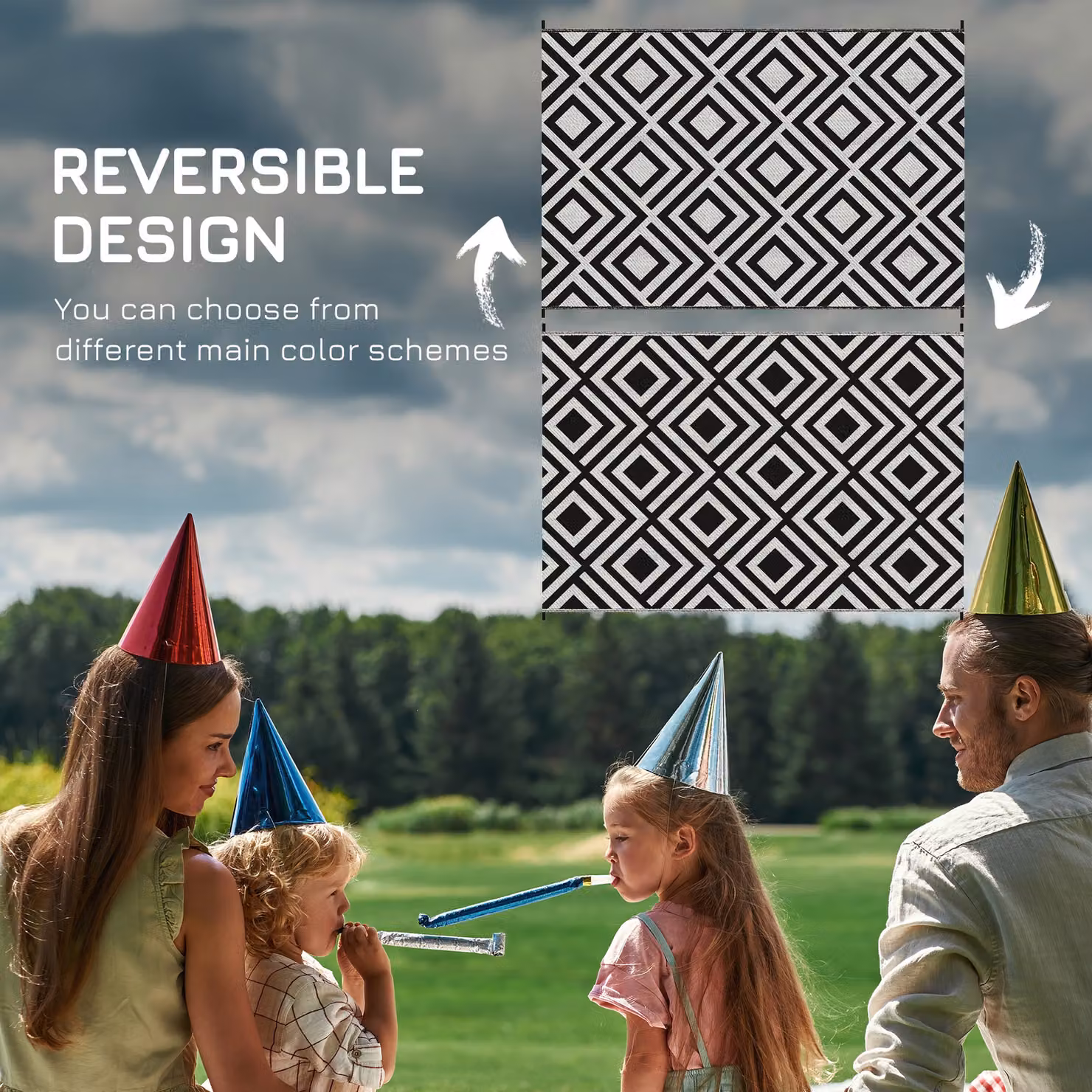 Outsunny Reversible Outdoor Plastic Straw Mat in Black and White Rhombus, W/D/H: 182 x 274 cm – 4