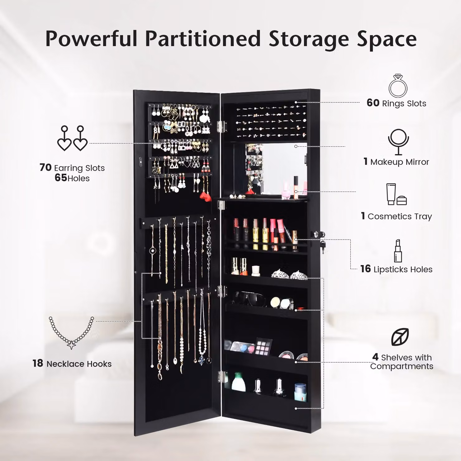 Costway Black Wall or Door Mounted Jewelry Armoire Organizer with Full-length Mirror and LED Lighting – 3