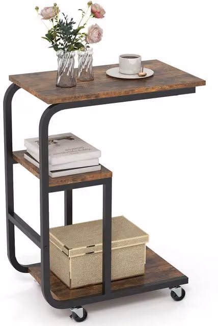 COSTWAY C-shaped End Table in Rustic Brown with Serving Tiers and Castors