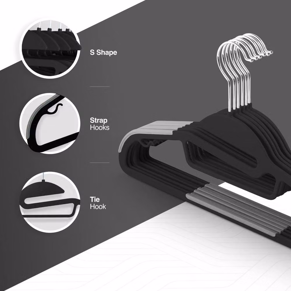 Keplin 20-Pack Non-Slip Plastic Hangers in Black with 360 Degree Swivel Hook and Space Saving Design – 4