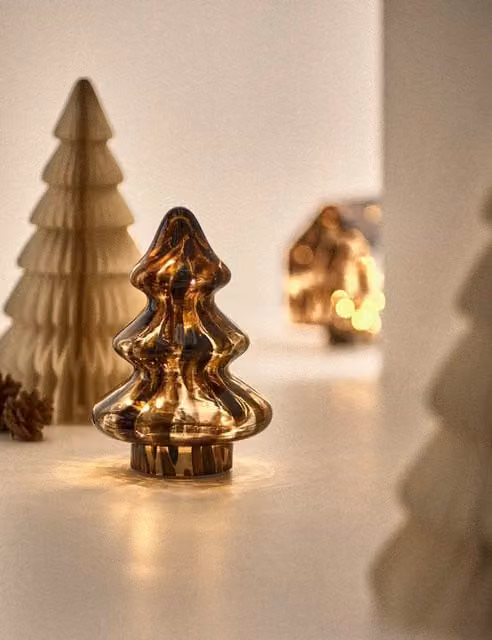 M&S Glass Light Up Tabletop Christmas Tree Decoration in Brown Mix